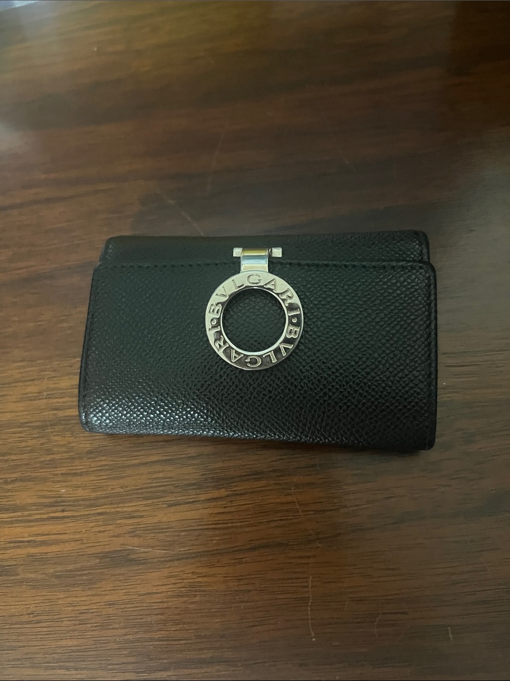 Bulgari Black Pebbled Leather Key Holder with Silver Logo Ring